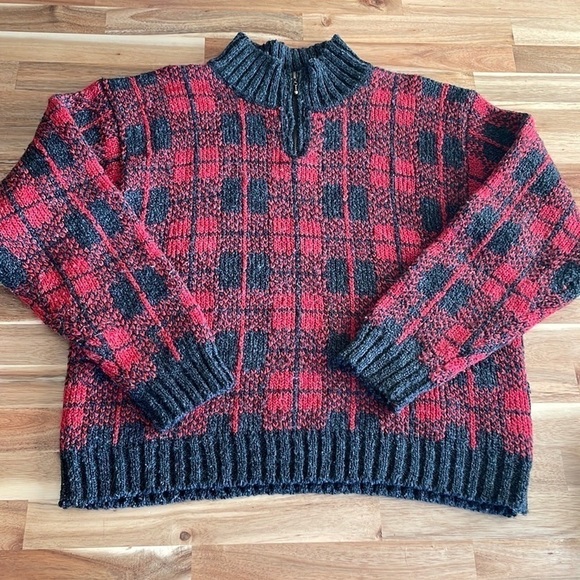 Vintage Red/Black Plaid Wool 1/4 Zip Sweater size medium - Picture 7 of 7